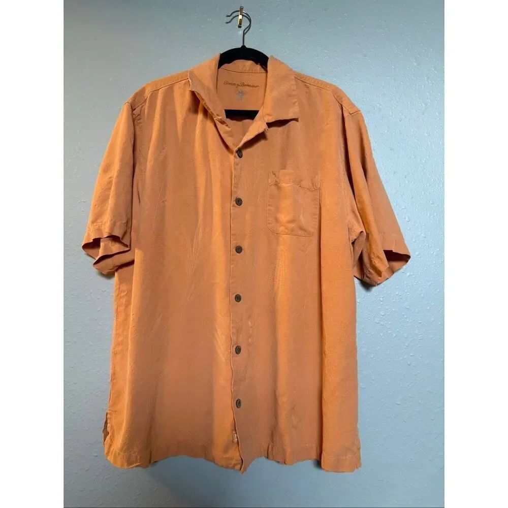 Tommy Bahama 100% Silk Camp Shirt XL Peach Jacquard Aloha Hawaiian Short Sleeve